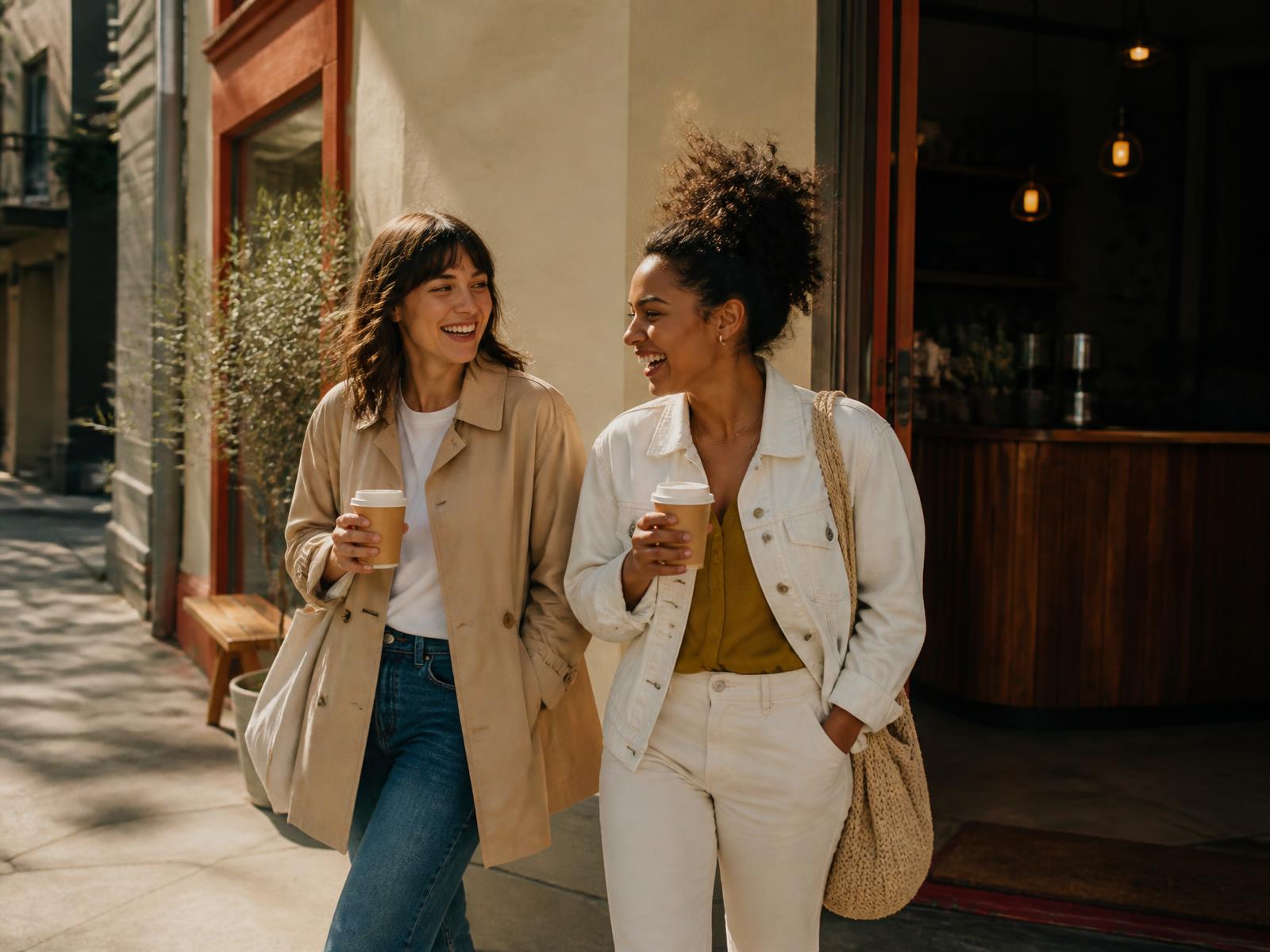 Two friends laughing with takeaway coffee outside an independent neighborhood café