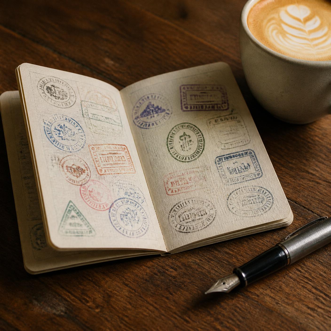 An open passport booklet covered in inked stamps beside a flat white on a wooden table