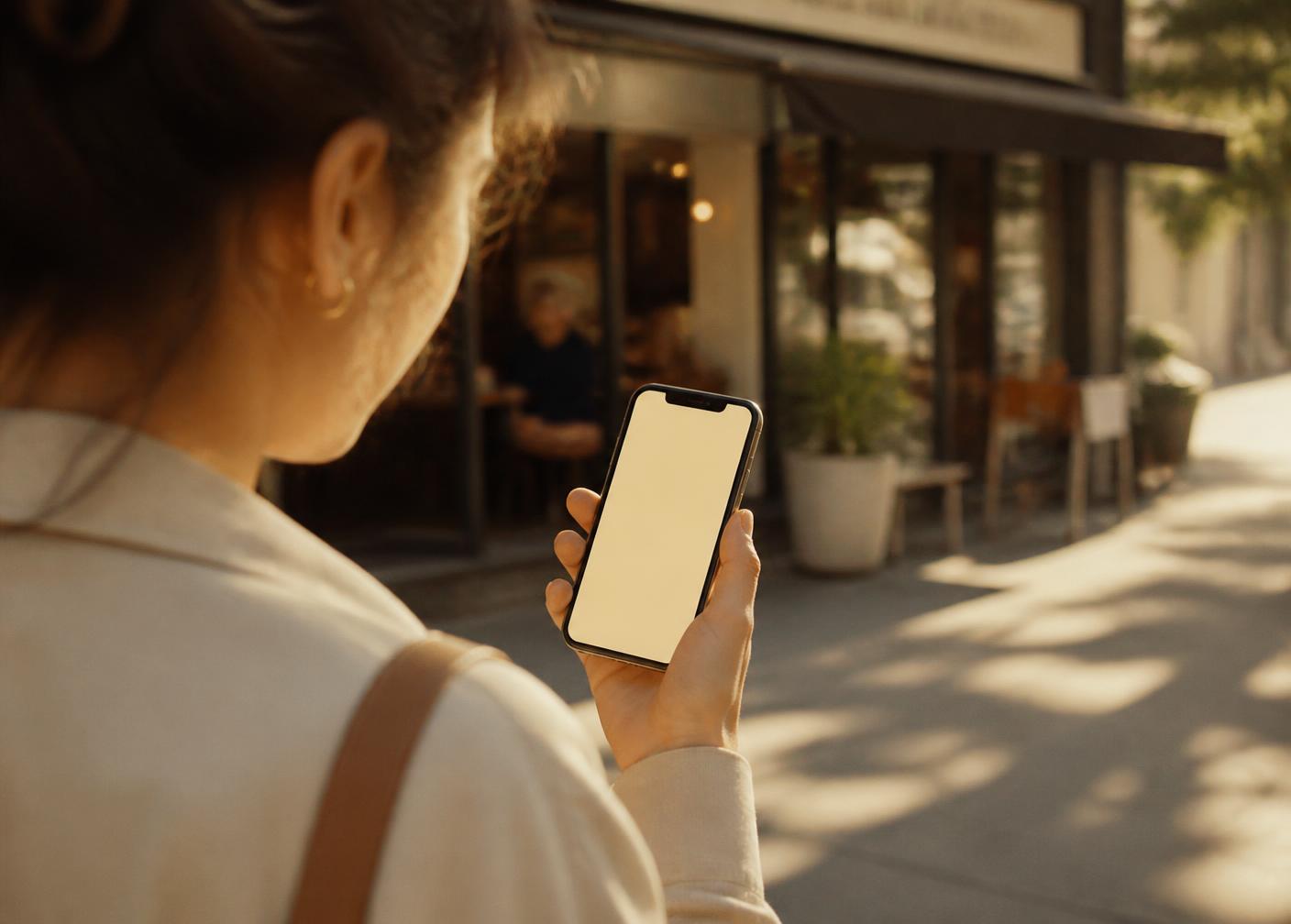 A person holding a phone on a sunlit sidewalk in front of an independent coffee shop